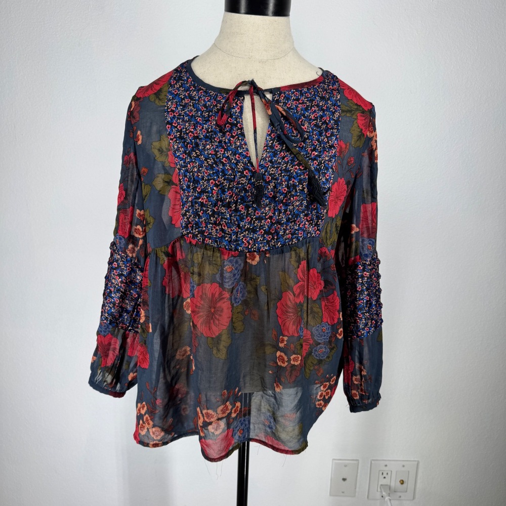 Daniel Rainn Smocked Boho Patchwork Blouse Size M Dark Floral Festival Sheer